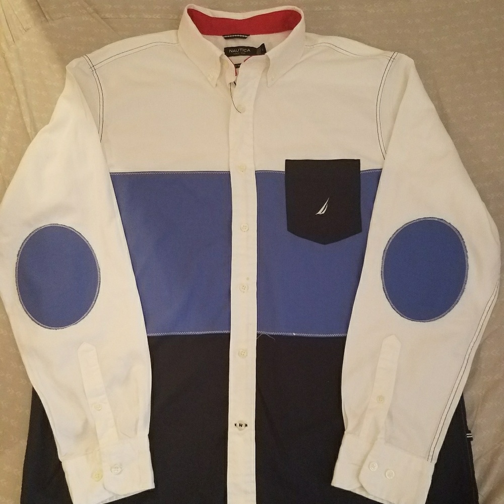 Nautica Tri-Color Block Elbow Patch Button Down L - image 1